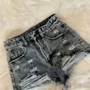 High Rise Black Distressed Jean Shorts | Frayed Hem
